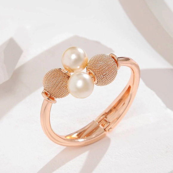 Faux Pearl Rosegold Tone Cuff Bracelet Zinc Alloy Fashion Jewelry - Picture 2 of 6